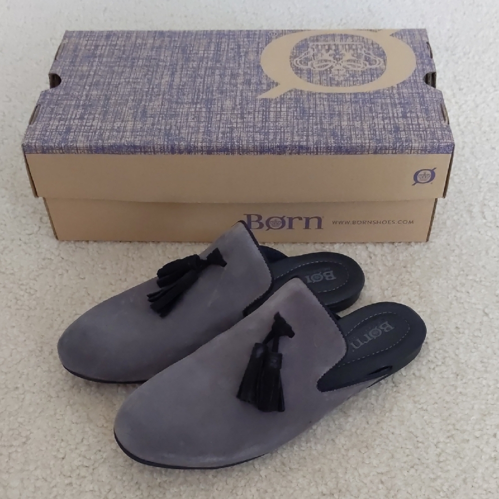 Born Women's Brand New Suede Slip On Grey Black Loafers with Leather Tassels